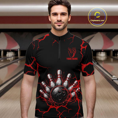 Custom Black & Red Thunder Bowling Shirt for Men Bowling Team Jersey Polo & Quarter-Zip QZT1230