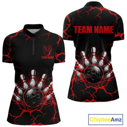 Custom Black & Red Thunder Bowling Shirt for Women Bowling Team Jersey Polo & Quarter-Zip QZT1230
