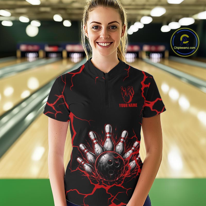 Custom Black & Red Thunder Bowling Shirt for Women Bowling Team Jersey Polo & Quarter-Zip QZT1230