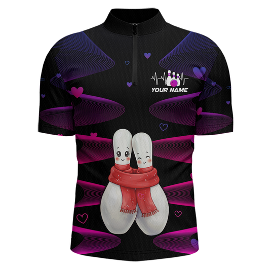Personalized Valentine Bowling Shirt for Couples Bowling Jersey Pink Bowling Gift Polo & 1/4-Zip QZT870