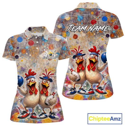 Custom Funny Chicken Bowling Team Shirt for Women Colorful Bowling Buddy Shirt Polo & 1/4 Bowling Outfit QZT955