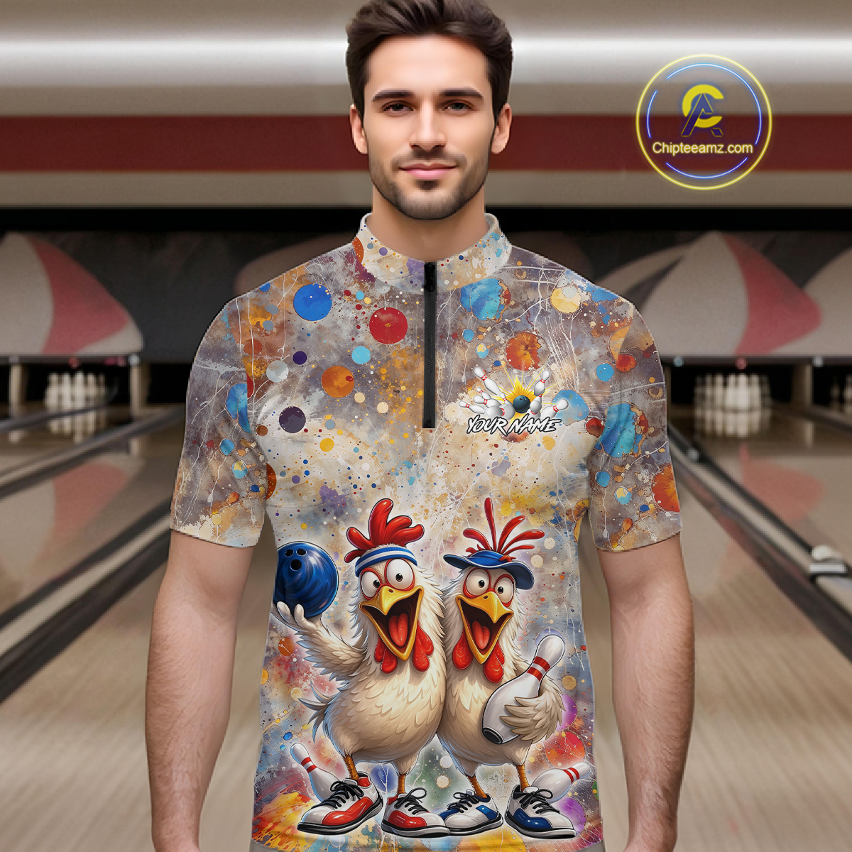 Custom Funny Chicken Bowling Team Shirt for Men Colorful Bowling Buddy Shirt Polo & 1/4 Bowling Outfit QZT955