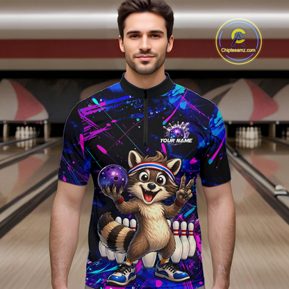 Custom Neon Funny Raccoon Bowling Team Jersey for Men Bowling Shirt Bowling Tournament Polo & 1/4-Zip QZT957