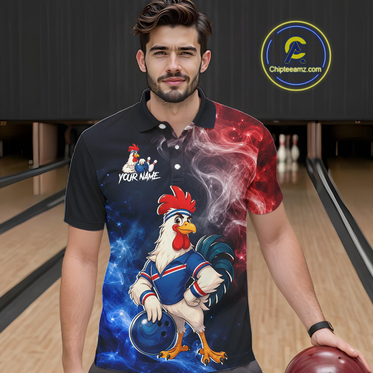 Man wearing custom American Flag smoke funny rooster bowling polo shirt, front view mockup, personalized bowling league jersey.