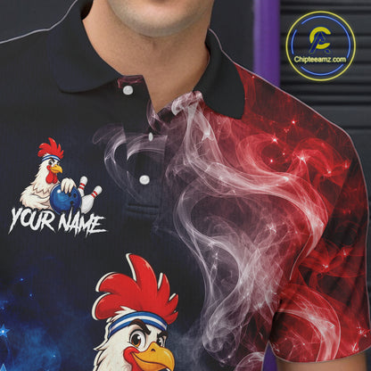 Close-up collar view of customAmerican Flag smoke funny rooster bowling polo shirt with personalized name detail.