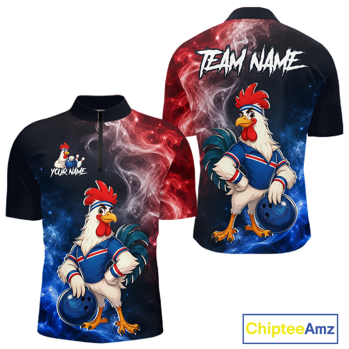 Custom American Flag smoke funny rooster bowling quarter-zip shirt, front and back views, bowling league jersey for men