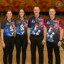 Load image into Gallery viewer, Four people wearing matching bowling shirts with a rooster and hen design on a bowling alley.