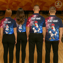 Load image into Gallery viewer, Four people wearing matching bowling shirts with a rooster and hen design on a bowling alley.