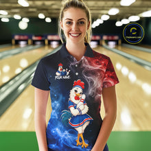 Load image into Gallery viewer, Woman wearing custom American Flag smoke funny rooster bowling polo shirt, front view mockup, personalized bowling league jersey.