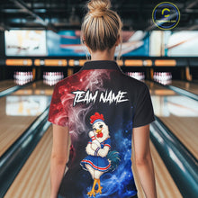 Load image into Gallery viewer, Woman wearing custom American Flag smoke funny rooster bowling polo shirt, back view mockup, personalized bowling league jersey.