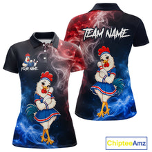 Load image into Gallery viewer, Custom American Flag smoke funny rooster bowling polo shirt, front and back views, bowling league jersey for women