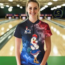 Load image into Gallery viewer, Woman wearing custom American Flag smoke funny rooster bowling 1/4 zip shirt, front view mockup, personalized bowling league jersey.