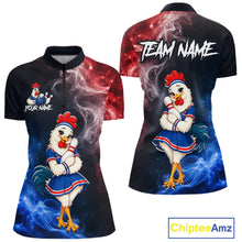 Load image into Gallery viewer, Custom American Flag smoke funny rooster bowling quarter-zip shirt, front and back views, bowling league jersey for women