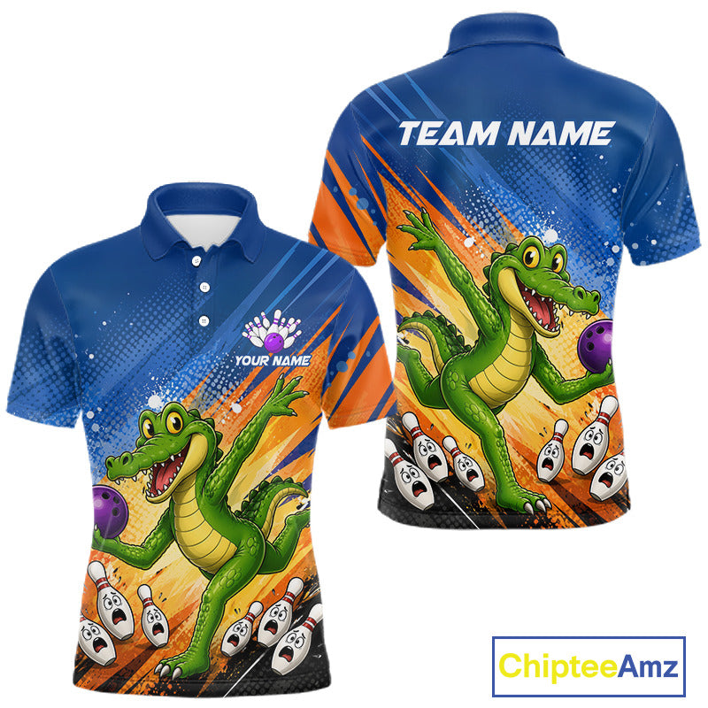 Front and back views of a short-sleeve polo shirt featuring a colorful cartoon alligator bowling graphic on a blue and orange background, with placeholder text 'YOUR NAME' and 'TEAM NAME' on the shirt.