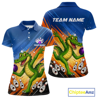 Custom short-sleeve polo shirt shown from the front and back, featuring a green alligator bowling graphic with bowling pins, orange and blue background streaks, and placeholder text reading TEAM NAME and YOUR NAME. A ChipteeAmz logo is visible in the bottom right corner.