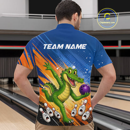 A man viewed from behind wearing a custom bowling-themed short-sleeve polo shirt with a cartoon alligator graphic and 'TEAM NAME' printed on the back, set against a bowling alley background.