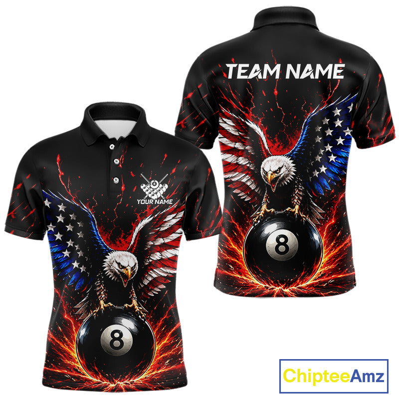 Black polo shirt with eagle design and 8-ball, customizable text on a white background
