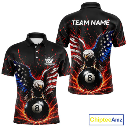 Black polo shirt with eagle design and 8-ball, customizable text on a white background