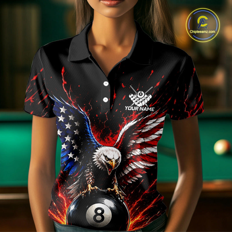 Person wearing a black polo shirt with an eagle and pool ball design, with 'Your Name' text.