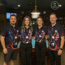 Load image into Gallery viewer, Four people wearing matching bowling shirts with an eagle and ball design in a bowling alley.