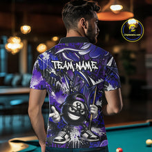 Load image into Gallery viewer, Person wearing a purple and blue themed shirt with a pool ball design in a bar setting.