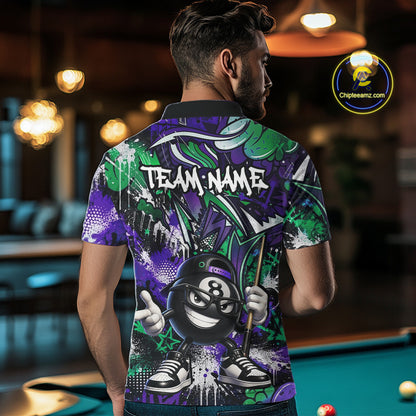 Man wearing a colorful polo shirt with a pool ball design in a bar setting