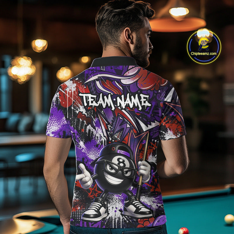 Man wearing a colorful polo shirt with a pool ball design in a billiards hall setting