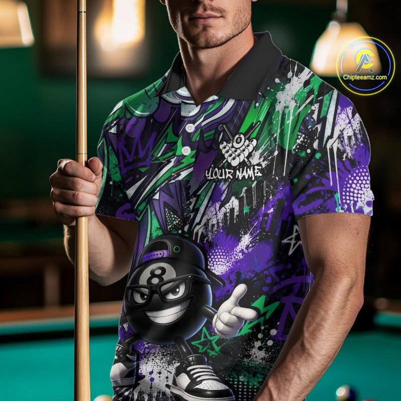 Person wearing a colorful polo shirt with a graphic design, holding a pool cue in a billiards setting.