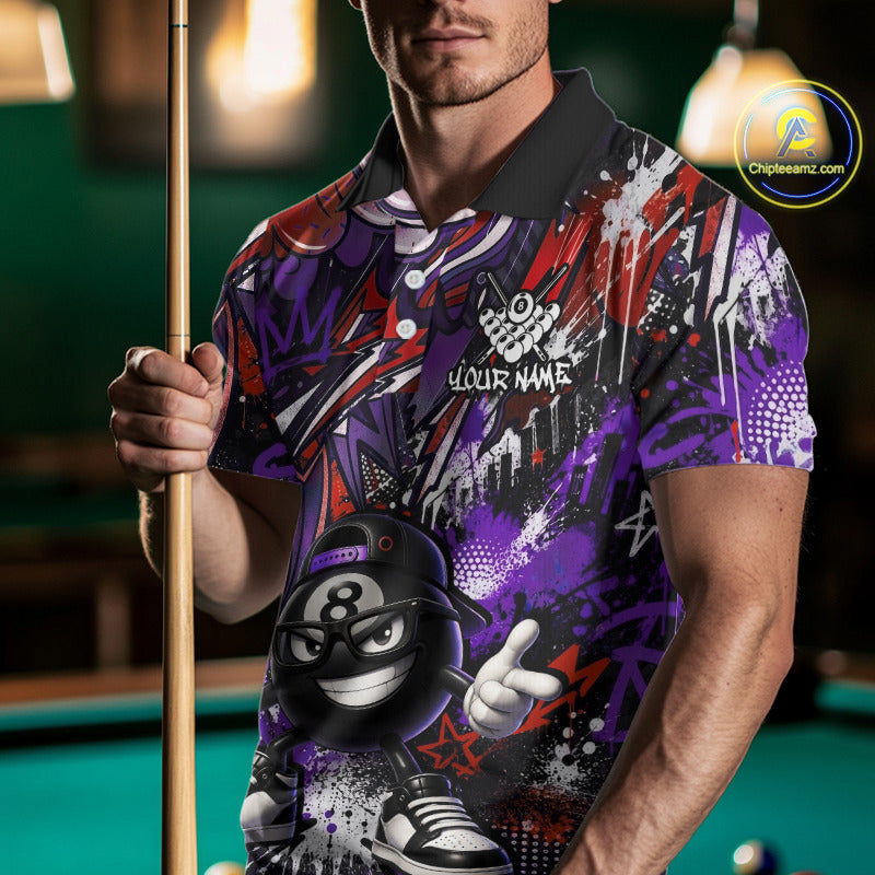 Person wearing a colorful polo shirt with a pool ball design, holding a pool cue on a pool table.