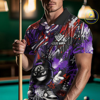 Person wearing a colorful polo shirt with a pool ball design, holding a pool cue on a pool table.