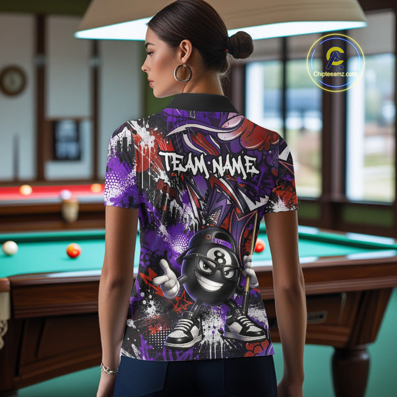 Person wearing a colorful polo shirt with 'TEAM NAME' text in a pool hall.