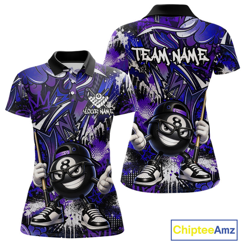 Purple and blue polo shirt with cartoon billiard ball characters and 'Team Name' text, featuring Chiptee Amz branding.