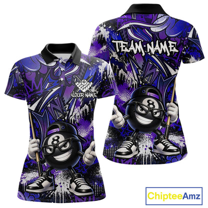 Purple and blue polo shirt with cartoon billiard ball characters and 'Team Name' text, featuring Chiptee Amz branding.
