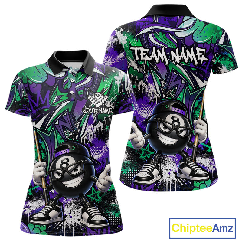 Green and purple polo shirt with cartoon character design and 'Team Name' text, featuring the brand 'Chiptee Amz'.