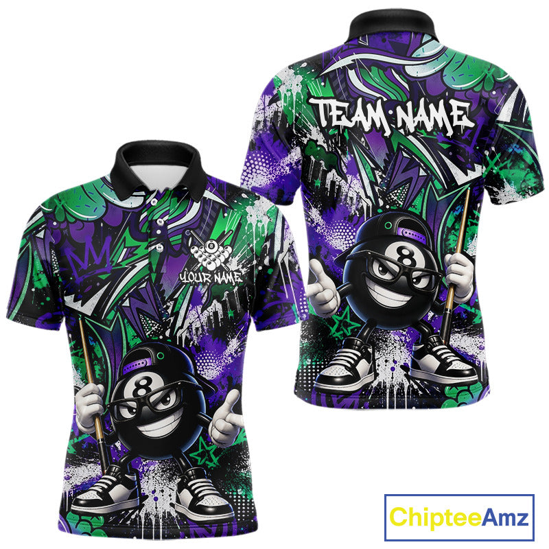 Green and purple billiard shirt with a cartoon character and 'Team Name' text, featuring the brand 'Chiptee Amz'.