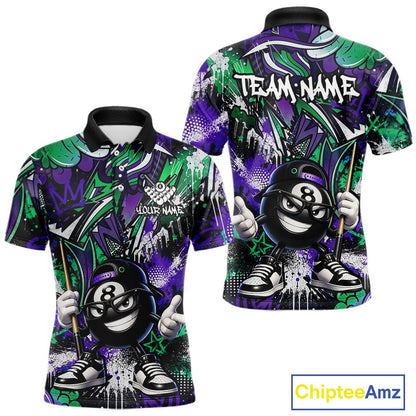 Green and purple billiard shirt with a cartoon character and 'Team Name' text, featuring the brand 'Chiptee Amz'.