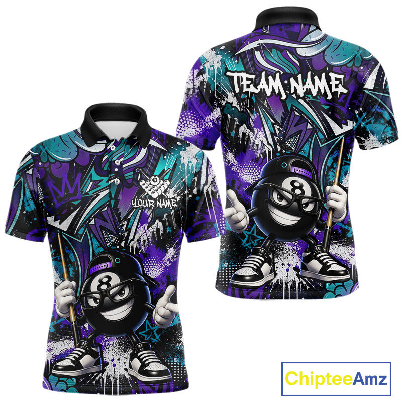 Teal and purple polo shirt with a cartoon character and 'Team Name' text, featuring the brand 'Chiptee Amz'.