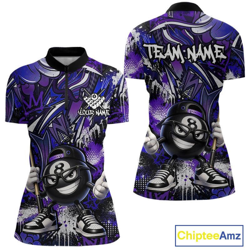 Purple and blue quarter-zip jersey with cartoon billiard ball design and 'Team Name' text, featuring Chiptee Amz branding.