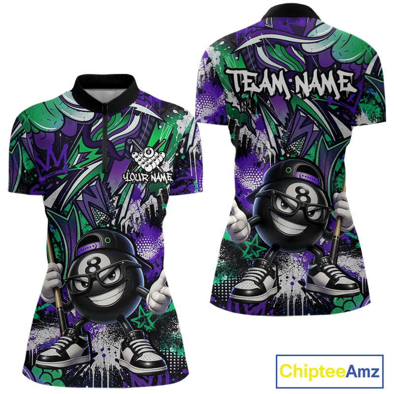 Green and purple quarter-zip jersey with 8-ball design and 'Team Name' text, featuring Chiptee Amz branding.
