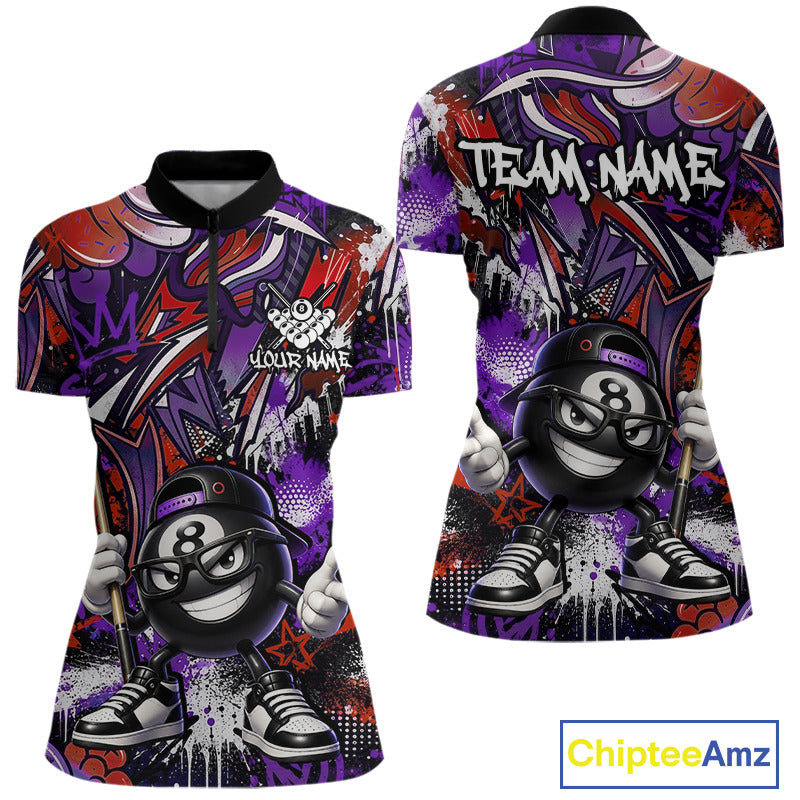 Rad and purple quarter-zip jersey with billiard ball design and 'Team Name' text on a white background, featuring the brand 'Chiptee Amz'.