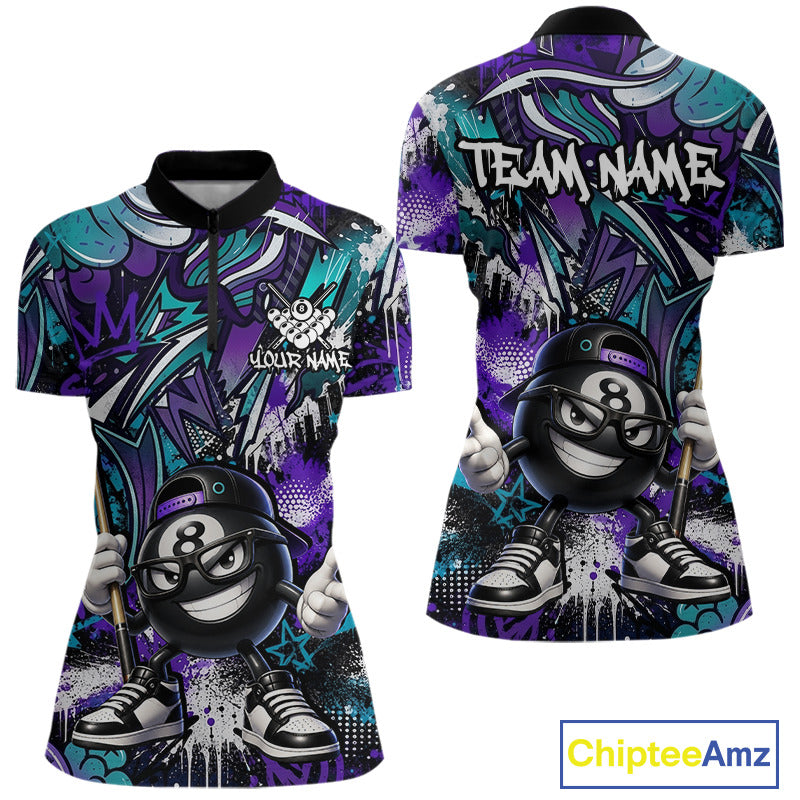 Teal and purple quarter-zip shirt with 8-ball design and 'Team Name' text, featuring Chiptee Amz branding.