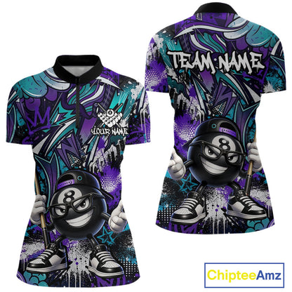 Teal and purple quarter-zip shirt with 8-ball design and 'Team Name' text, featuring Chiptee Amz branding.
