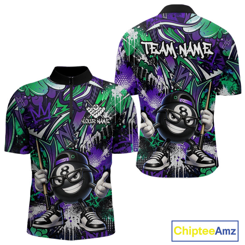 Green and purple billiard jersey with cartoon character design on a white background, featuring the brand 'Chiptee Amz'.