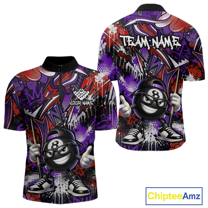 Red and purple shirt with a billiard ball design and 'Team Name' text on a white background