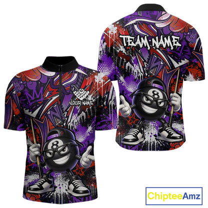 Red and purple shirt with a billiard ball design and 'Team Name' text on a white background