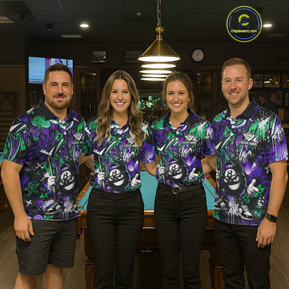 Four people wearing matching billiard shirts in a billiard room.