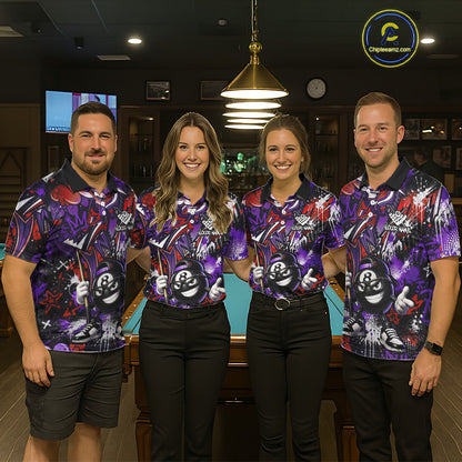 Four people wearing matching colorful billiard shirts in a pool hall.