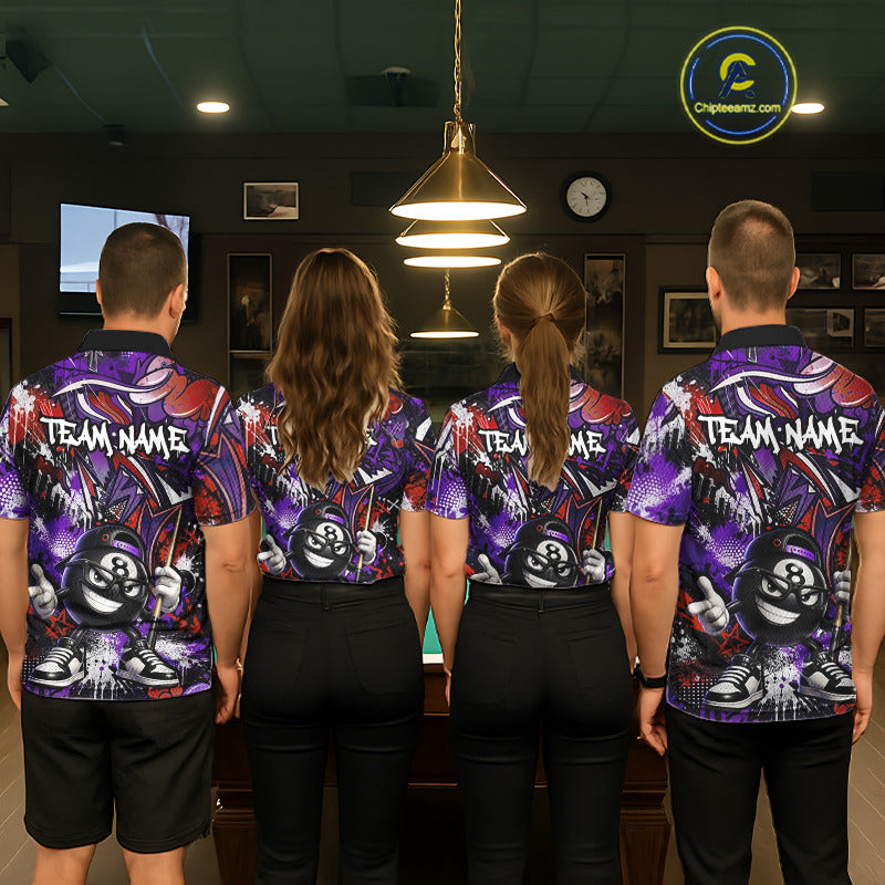 Four people wearing matching colorful billiard shirts in a pool hall.