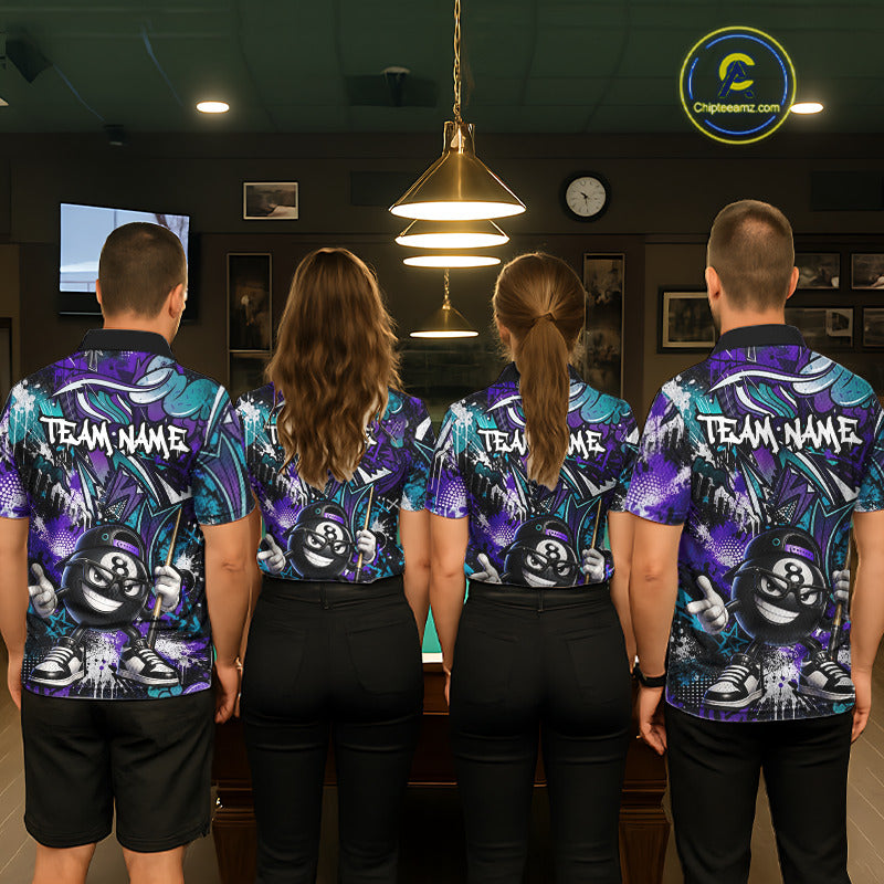 Four people wearing matching team jerseys in a room with a pool table.