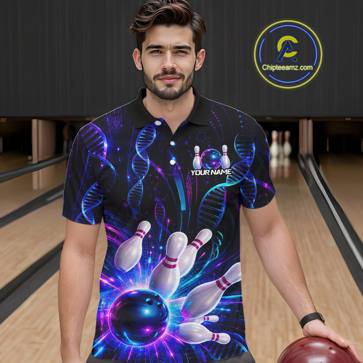 Man wearing custom Neon DNA  bowling polo shirt, front view mockup, personalized bowling league jersey.